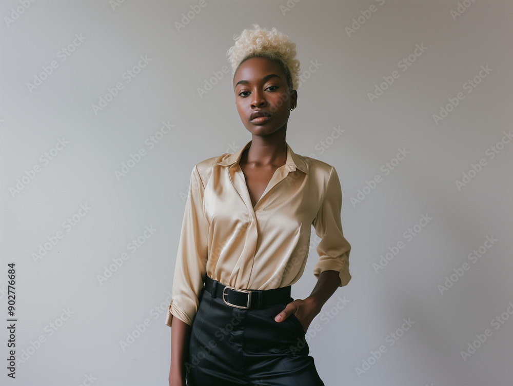 Fototapeta premium Cinematic, three quarter angle photo of African woman with blonde hair and brown eyes, wearing a beige blouse, black pants and black shoes is standing with her arms by her side, candid shot, r
