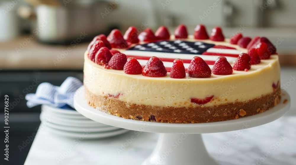 Elegant American Flag Cheesecake Adorned with Fresh Raspberries Elegant American Flag Cheesecake Adorned with Fresh Raspberries
