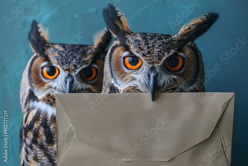 Messenger or envoy concept image with owls standing with the letter in their beak background with copy space photo