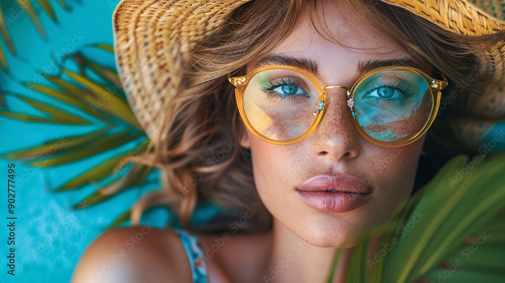close-up of a summer female portrait in a straw hat close-up of a summer female portrait in a straw hat