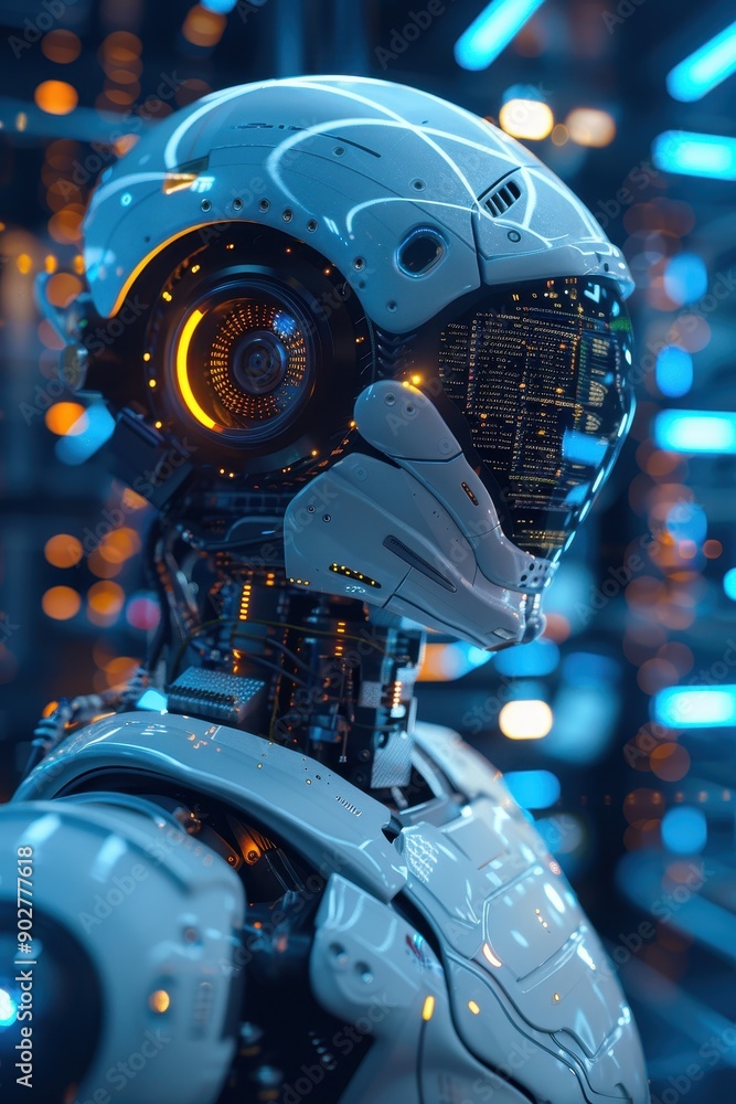 Futuristic Robot with Advanced AI Technology in a High-Tech Environment with Neon Lights Futuristic Robot with Advanced AI Technology in a High-Tech Environment with Neon Lights