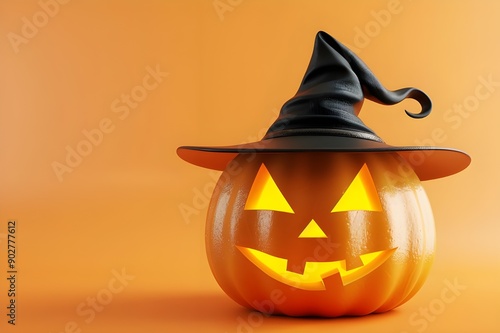 Festive Halloween Jack-o-Lantern with a witch hat against plain background, Halloween background 