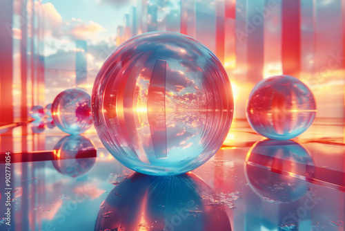 Clean representation of geometric 3D shapes with smooth holographic surfaces, floating in a surreal void,