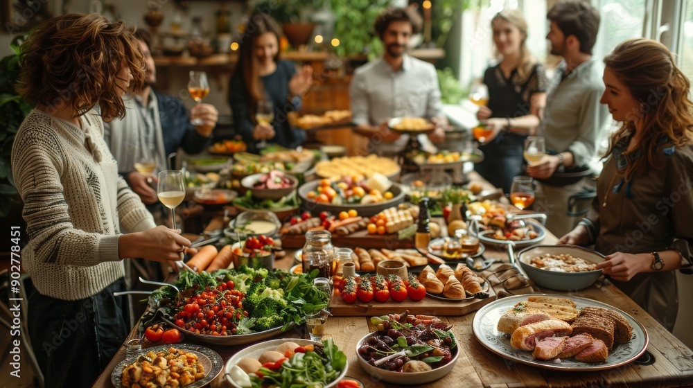 Obraz premium The image shows a large meal where many people are gathered around a table full of various dishes