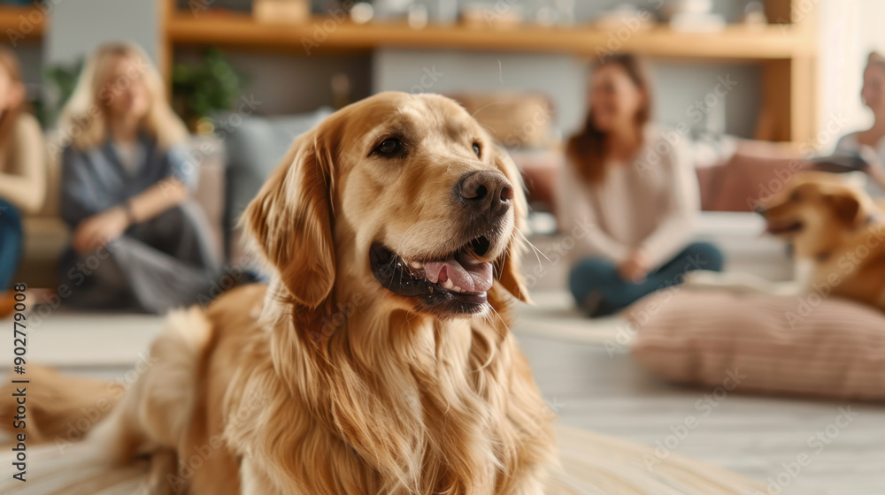 Friendly golden retriever in living room with people enjoying time together, showcasing companionship and a relaxed atmosphere Friendly golden retriever in living room with people enjoying time together, showcasing companionship and a relaxed atmosphere