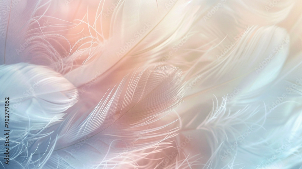 Naklejka premium Soft white feathers delicately overlap on a creamy background. soft colorful feathers bright background