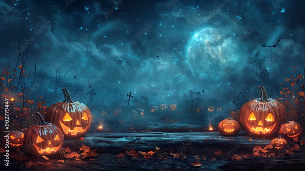 Fototapeta premium Spooky Night With Glowing Jack-o'-Lanterns in a Dark Cemetery Under a Full Moon