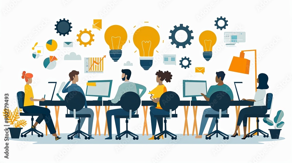 Business team working together, brainstorming, discussing ideas for project. People meeting at desk in office. illustration for co-working, teamwork, workspace concept, flat illustration Business team working together, brainstorming, discussing ideas for project. People meeting at desk in office. illustration for co-working, teamwork, workspace concept, flat illustration