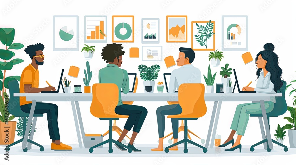 Business team working together, brainstorming, discussing ideas for project. People meeting at desk in office. illustration for co-working, teamwork, workspace concept, flat illustration Business team working together, brainstorming, discussing ideas for project. People meeting at desk in office. illustration for co-working, teamwork, workspace concept, flat illustration