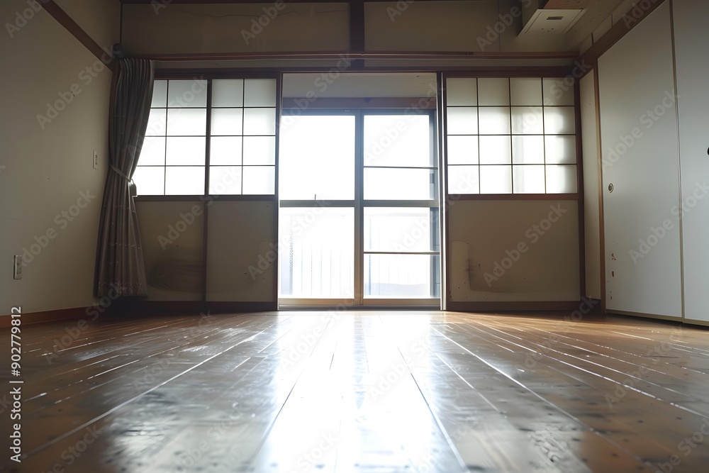Empty Japanese Style Room With Wooden Floor and Sliding Doors Empty Japanese Style Room With Wooden Floor and Sliding Doors