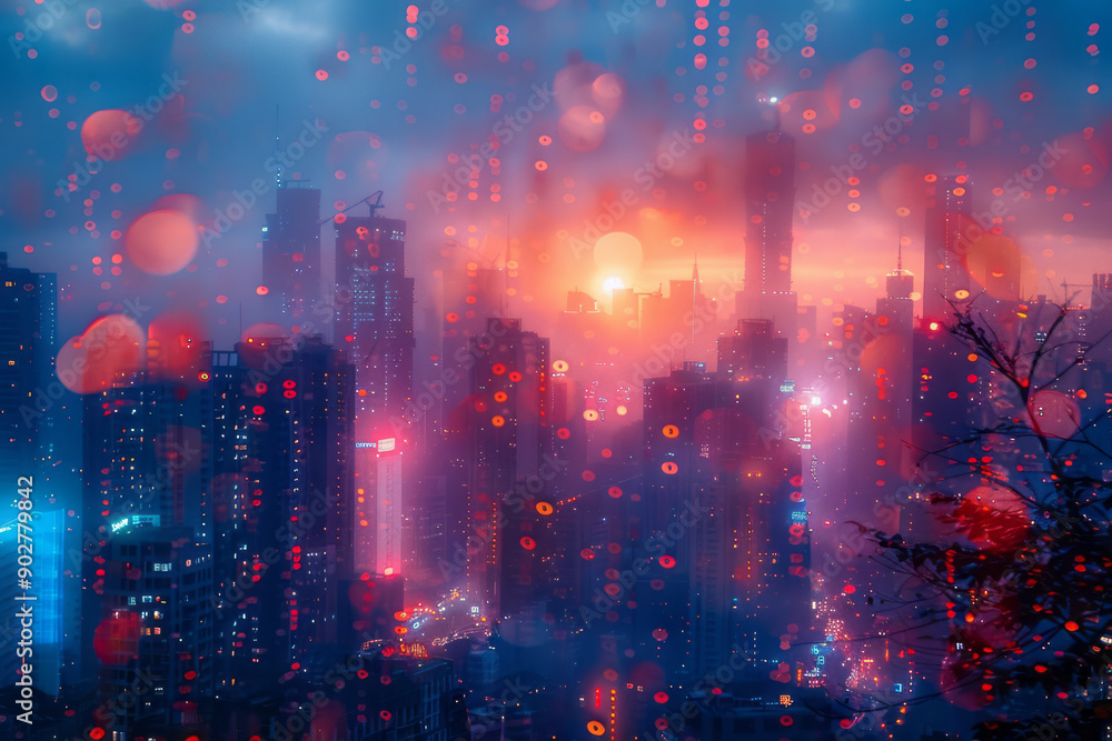 Fototapeta premium Elegant view of a smoky cityscape with light leaks and lens aberrations, creating a cinematic synthwave aesthetic,