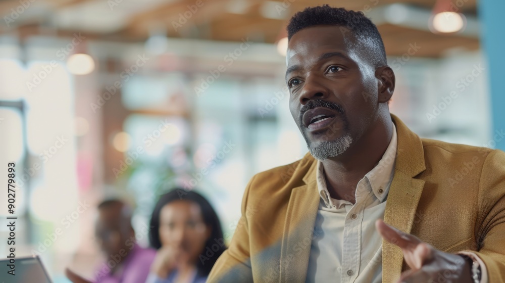Naklejka premium Confident African American Man Speaking at Business Meeting