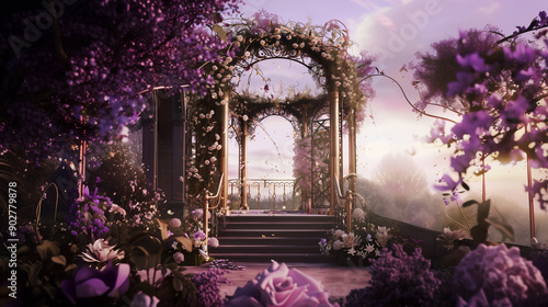 A fairytale garden with purple flowers and golden archway