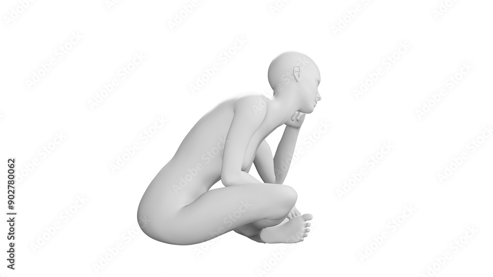 Female Mannequin in Crouching Thinking Pose, Isolated on Transparent Background. Side View Female Mannequin in Crouching Thinking Pose, Isolated on Transparent Background. Side View