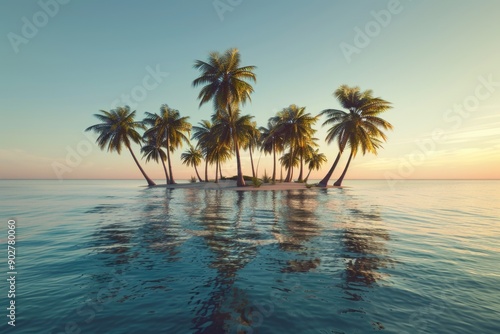 Coconuts palm trees surrounding a calm lake or sea, suitable for travel, nature, and relaxation images