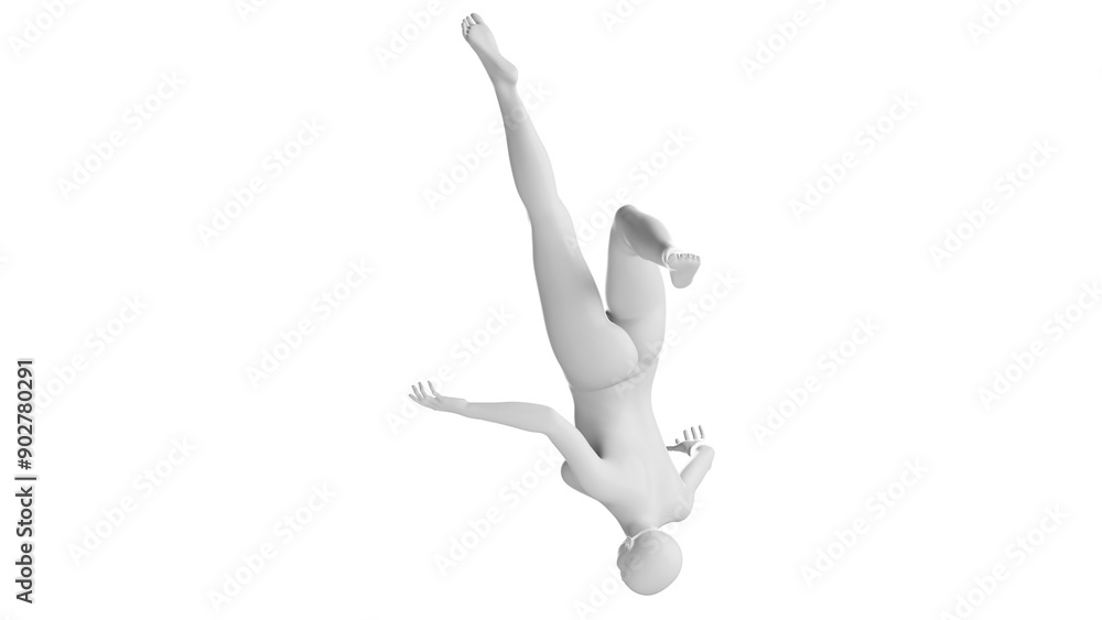 Female Mannequin in Dynamic Upside-Down Flipping Pose Isolated on Transparent Background. Back View Female Mannequin in Dynamic Upside-Down Flipping Pose Isolated on Transparent Background. Back View
