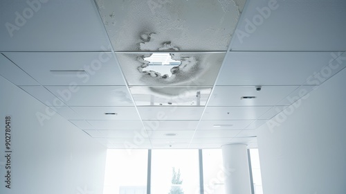 A modern office ceiling with water stains and mold forming due to a leaking pipe, emphasizing the decay in a clean environment photo