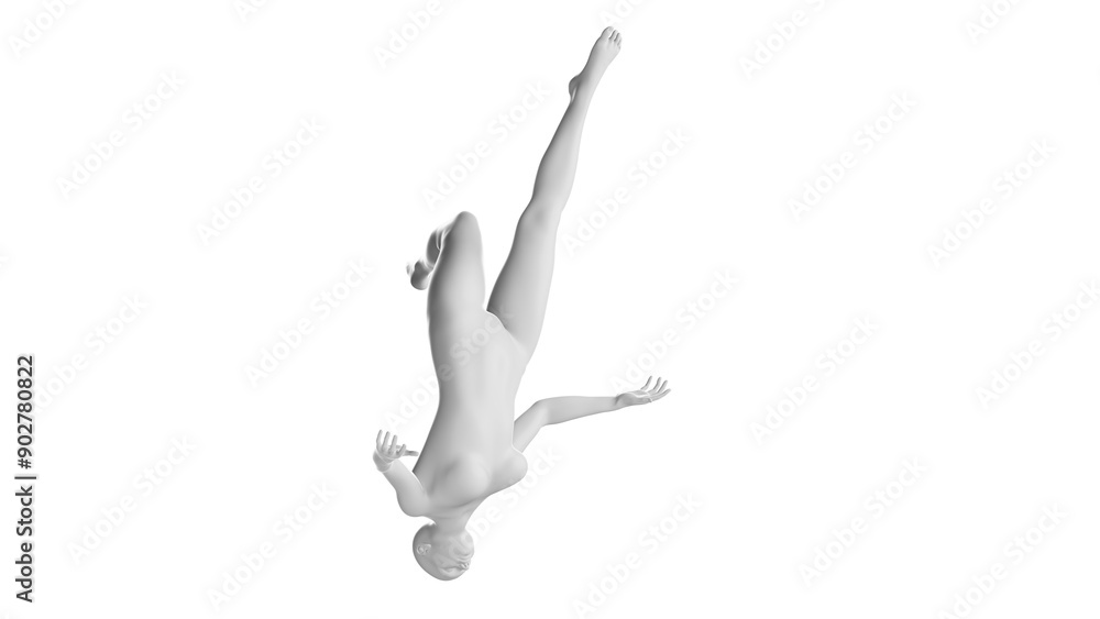 Female Mannequin in Dynamic Upside-Down Flipping Pose Isolated on Transparent Background. Front View Female Mannequin in Dynamic Upside-Down Flipping Pose Isolated on Transparent Background. Front View