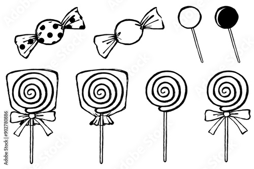 筆タッチの飴のモノクロ線画イラストセット