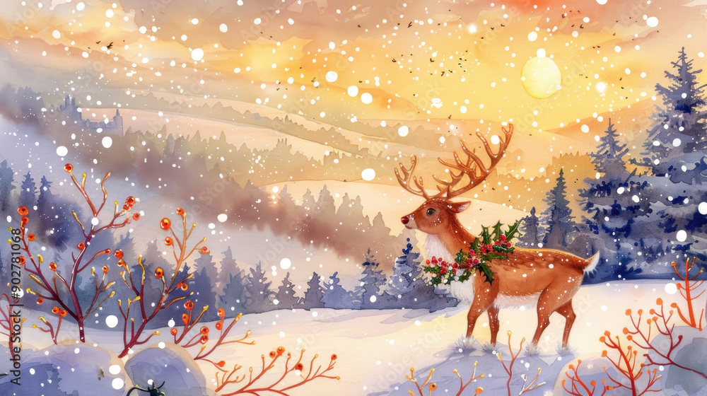 Snowy winter landscape featuring a majestic deer adorned with a festive wreath, surrounded by falling snow and a serene sunrise Snowy winter landscape featuring a majestic deer adorned with a festive wreath, surrounded by falling snow and a serene sunrise