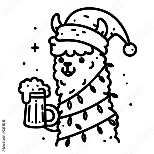  Alpaca wear santa claus hat tangled wrap around with Christmas lights holding a beer mug in christmas party   