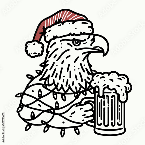  Bald Eagle wear santa claus hat tangled wrap around with Christmas lights holding a beer mug in christmas party   