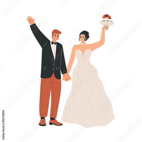 Marriage Couple with Man and Woman Bride and Groom Character Holding Hands Vector Illustration