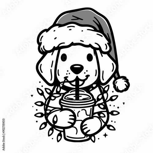  Beagle Dog wear santa claus hat tangled wrap around with Christmas lights holding a beer mug in christmas party   