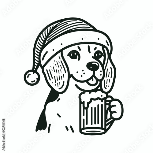  Beagle Dog wear santa claus hat tangled wrap around with Christmas lights holding a beer mug in christmas party   