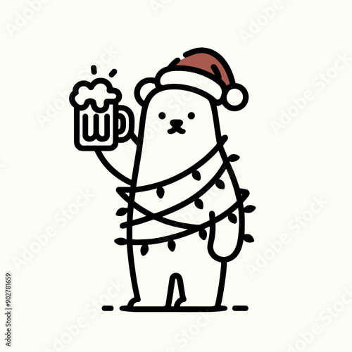  Bear wear santa claus hat tangled wrap around with Christmas lights holding a beer mug in christmas party   