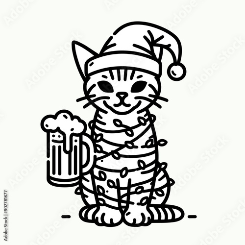  Bengal Cat wear santa claus hat tangled wrap around with Christmas lights holding a beer mug in christmas party   