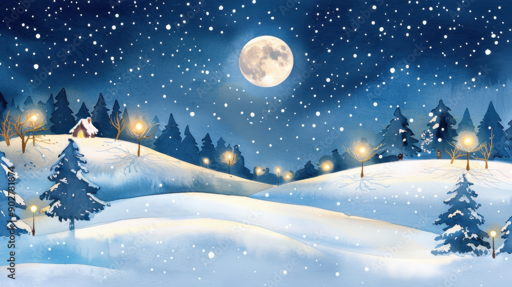 Snow-covered landscape illuminated by streetlights under a full moon, with cozy cabin in the background, creating a serene winter scene Snow-covered landscape illuminated by streetlights under a full moon, with cozy cabin in the background, creating a serene winter scene