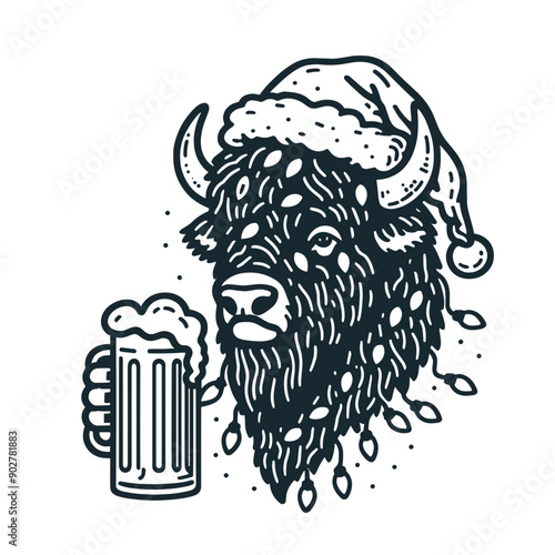  Bison wear santa claus hat tangled wrap around with Christmas lights holding a beer mug in christmas party   
