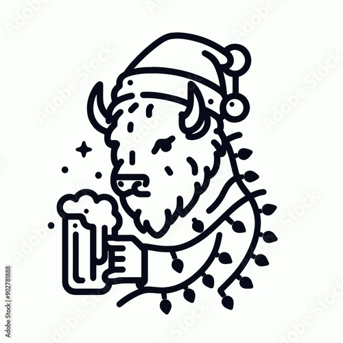  Bison wear santa claus hat tangled wrap around with Christmas lights holding a beer mug in christmas party   