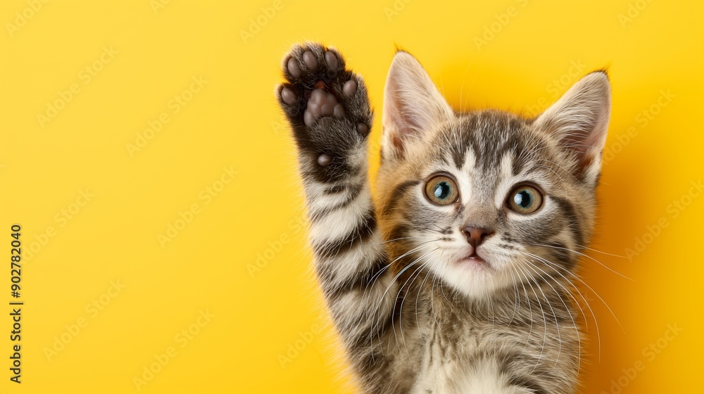 A kitten is waving its paw in the air. The kitten is looking at the camera with a curious expression A kitten is waving its paw in the air. The kitten is looking at the camera with a curious expression