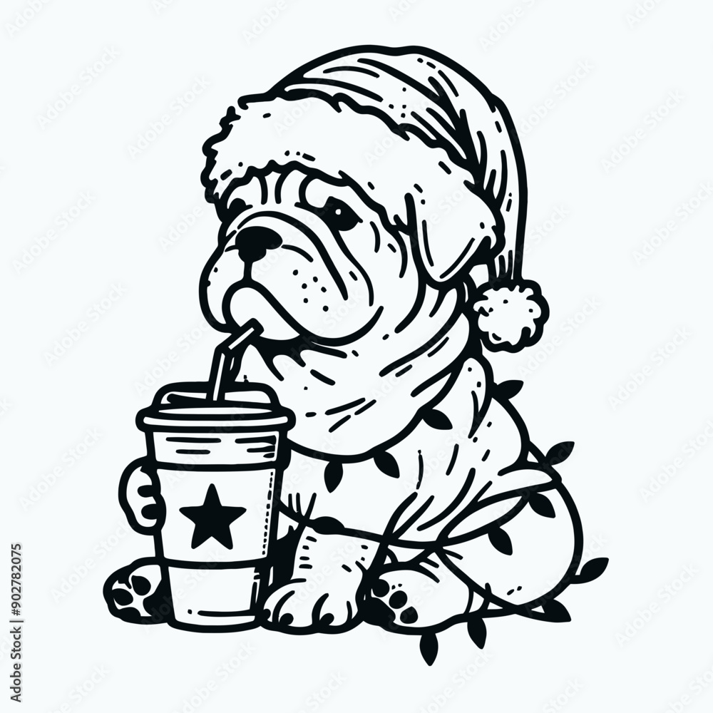  Bulldog Dog wear santa claus hat tangled wrap around with Christmas lights holding a beer mug in christmas party   