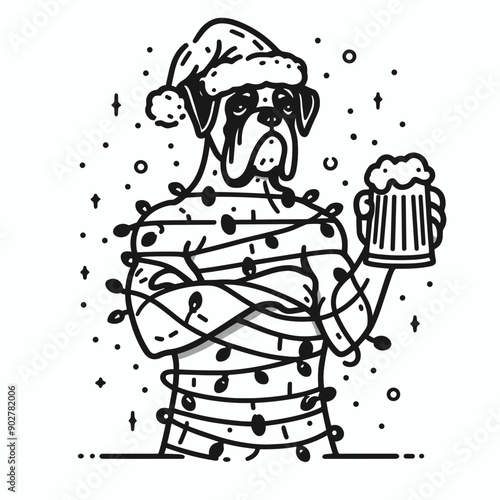  Boxer Dog wear santa claus hat tangled wrap around with Christmas lights holding a beer mug in christmas party   