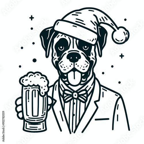  Boxer Dog wear santa claus hat tangled wrap around with Christmas lights holding a beer mug in christmas party   