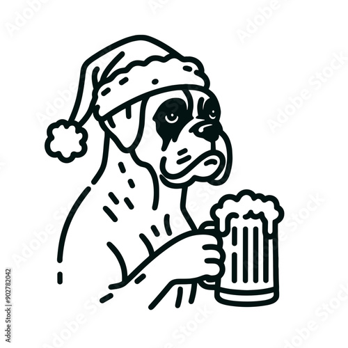  Boxer Dog wear santa claus hat tangled wrap around with Christmas lights holding a beer mug in christmas party   