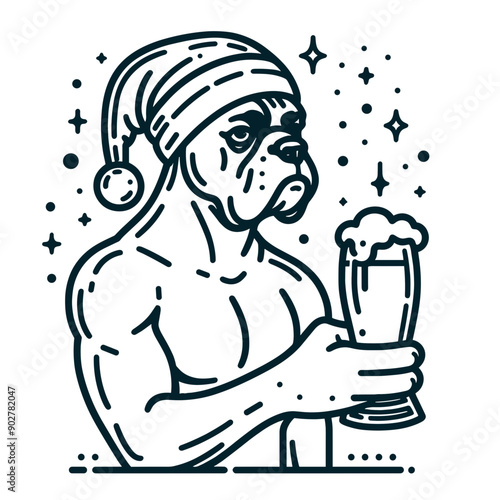  Boxer Dog wear santa claus hat tangled wrap around with Christmas lights holding a beer mug in christmas party   
