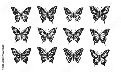 Set of different black butterflies isolated on a transparent background. Vector illustration EPS 10