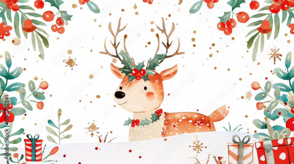 Fototapeta premium Cute illustrated reindeer with antlers adorned with holly, surrounded by festive decorations, snow, and Christmas gifts on a white background