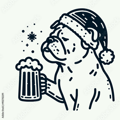  Bulldog Dog wear santa claus hat tangled wrap around with Christmas lights holding a beer mug in christmas party   