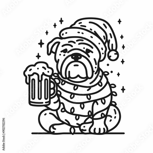  Bulldog Dog wear santa claus hat tangled wrap around with Christmas lights holding a beer mug in christmas party   