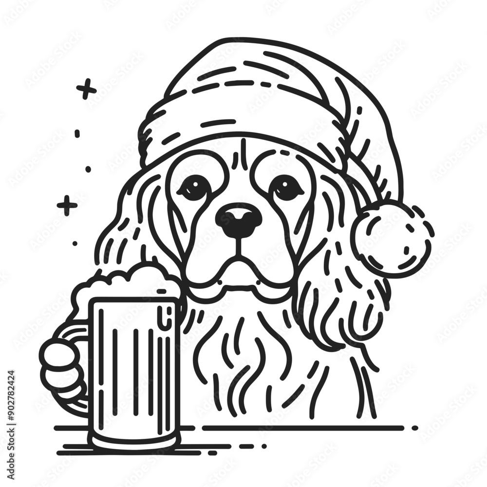Fototapeta premium Cavalier King Charles Spaniel Dog wear santa claus hat tangled wrap around with Christmas lights holding a beer mug in christmas party 