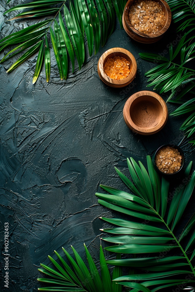 Natural spa setting with wooden bowls containing bath salts surrounded by tropical leaves, copy space for text Natural spa setting with wooden bowls containing bath salts surrounded by tropical leaves, copy space for text