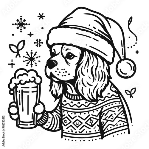  Cavalier King Charles Spaniel Dog wear santa claus hat tangled wrap around with Christmas lights holding a beer mug in christmas party   