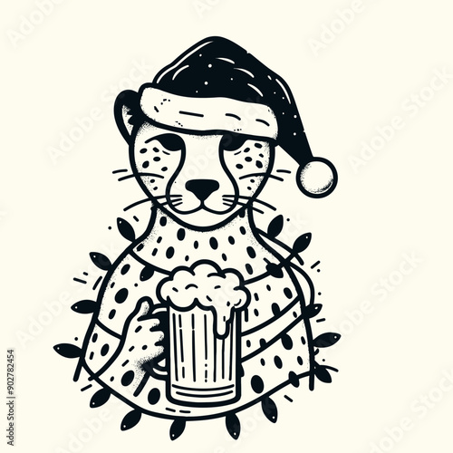  Cheetah wear santa claus hat tangled wrap around with Christmas lights holding a beer mug in christmas party   