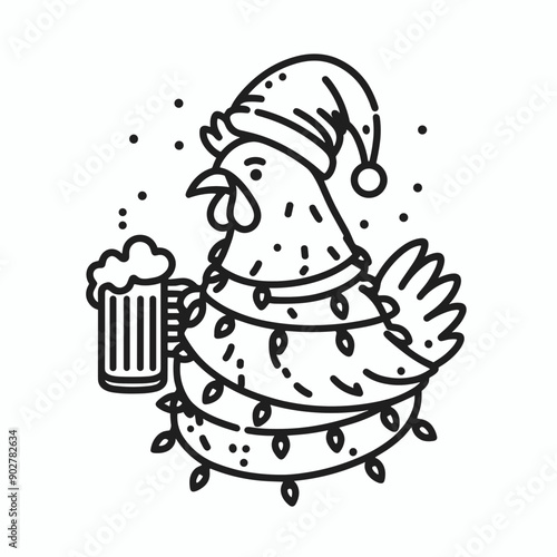  Chicken wear santa claus hat tangled wrap around with Christmas lights holding a beer mug in christmas party   