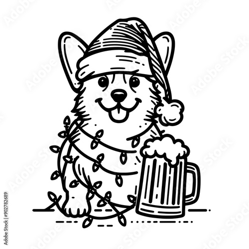  Corgi Dog wear santa claus hat tangled wrap around with Christmas lights holding a beer mug in christmas party   